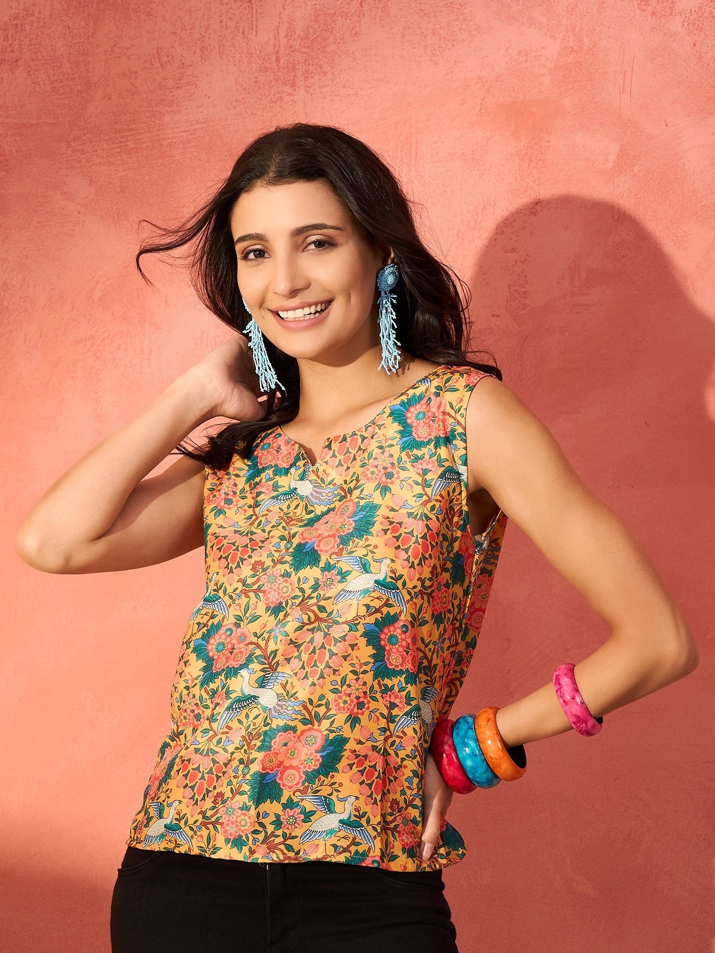 InWeave Corn Yellow Bird Floral Print W/S Top - Swadesiicart