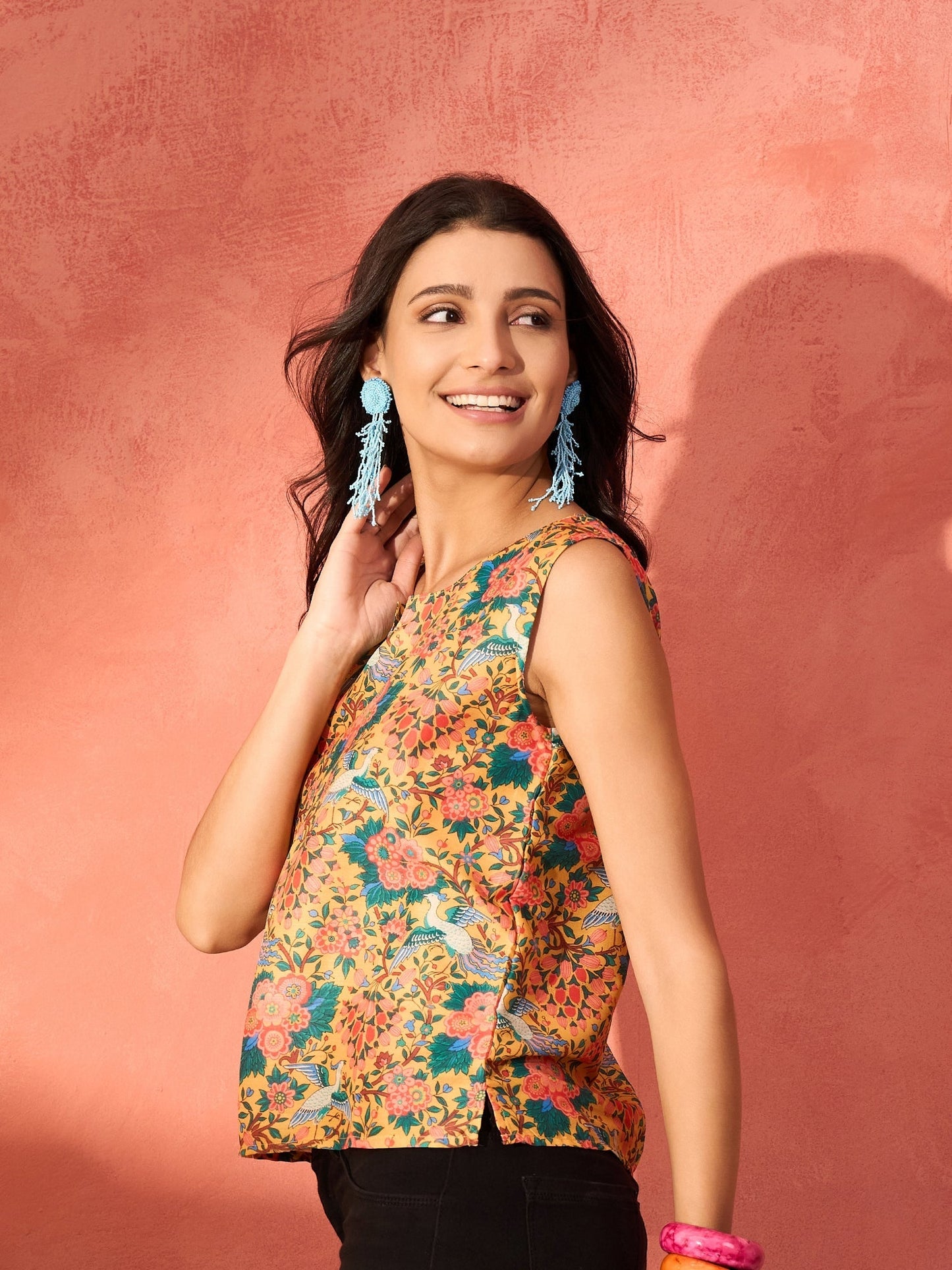 InWeave Corn Yellow Bird Floral Print W/S Top - Swadesiicart