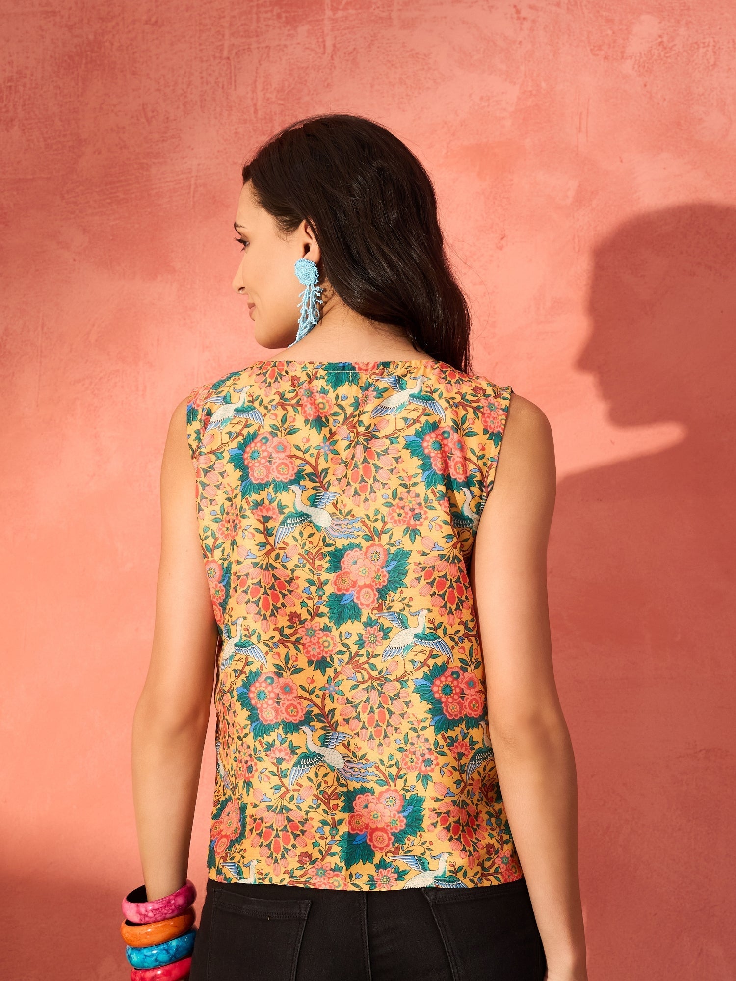 InWeave Corn Yellow Bird Floral Print W/S Top - Swadesiicart