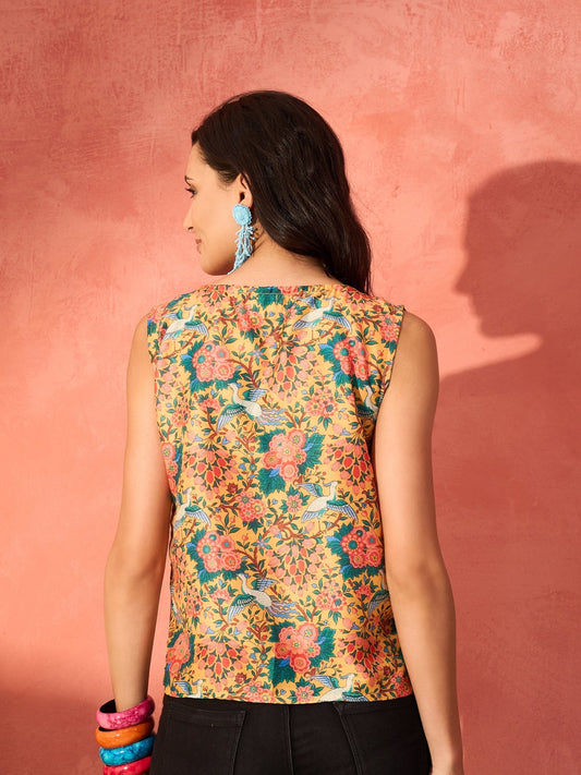 InWeave Corn Yellow Bird Floral Print W/S Top - Swadesiicart