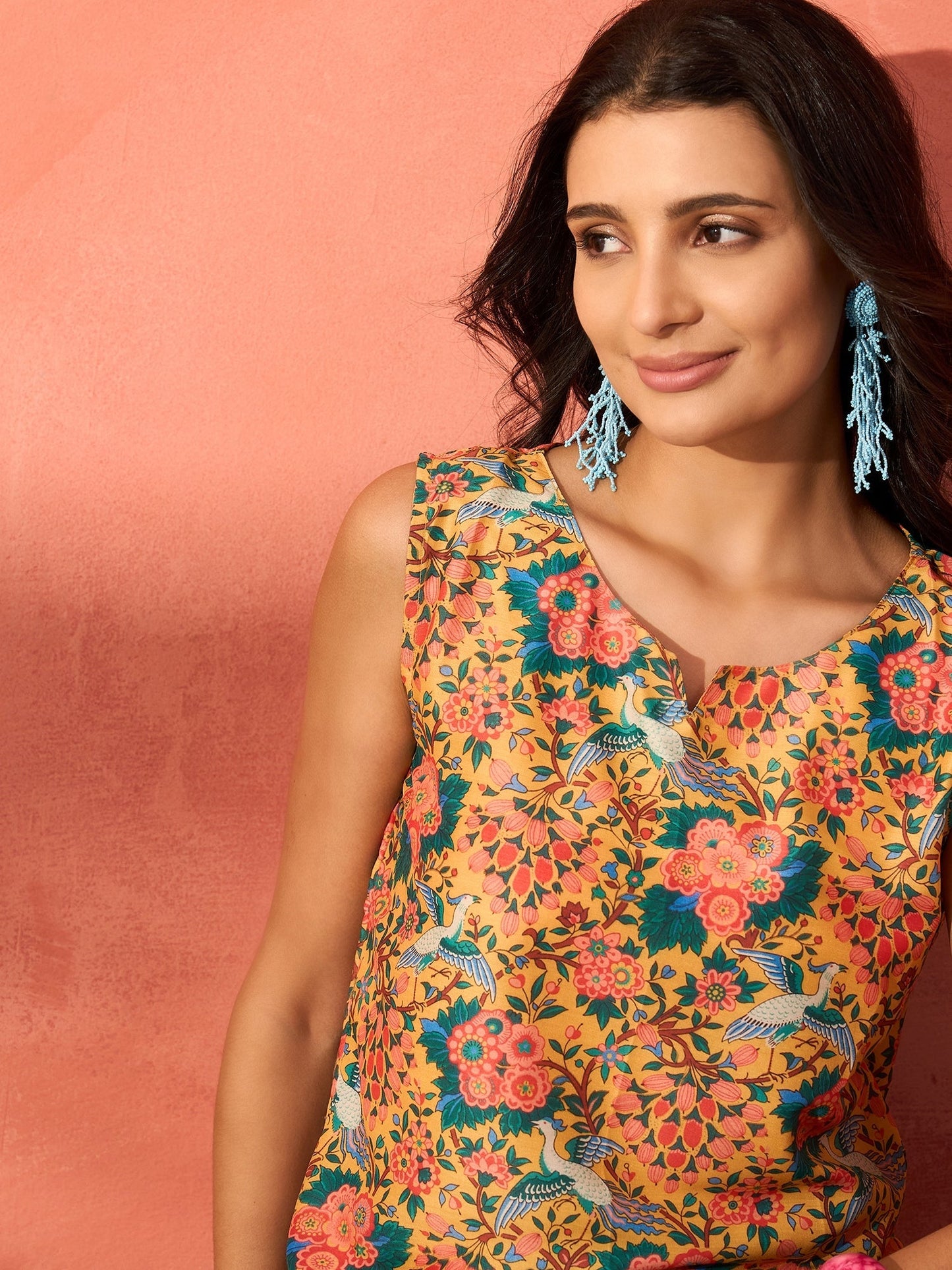 InWeave Corn Yellow Bird Floral Print W/S Top - Swadesiicart