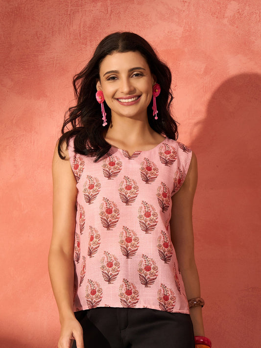 InWeave Peach Printed W/S Top - Swadesiicart