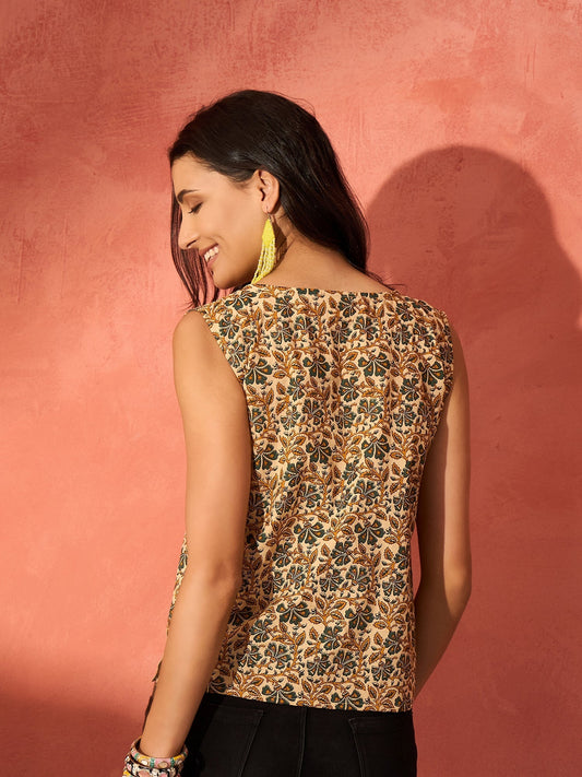 InWeave Light Brown Kalamkari W/S Top - Swadesiicart