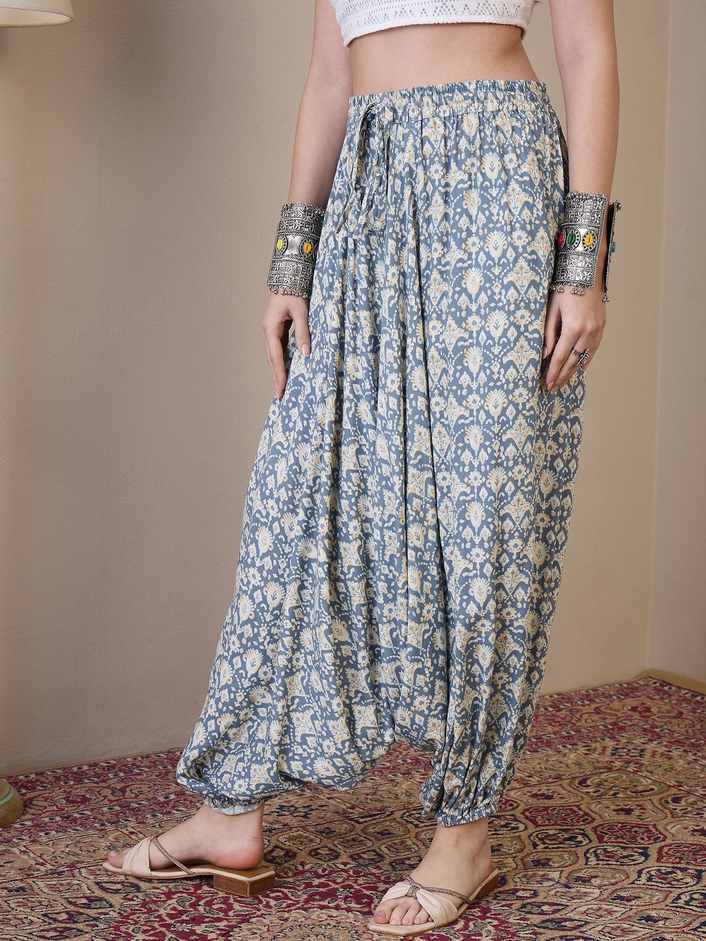 InWeave Powder Blue Ikkat Print Harem Pant - Swadesiicart