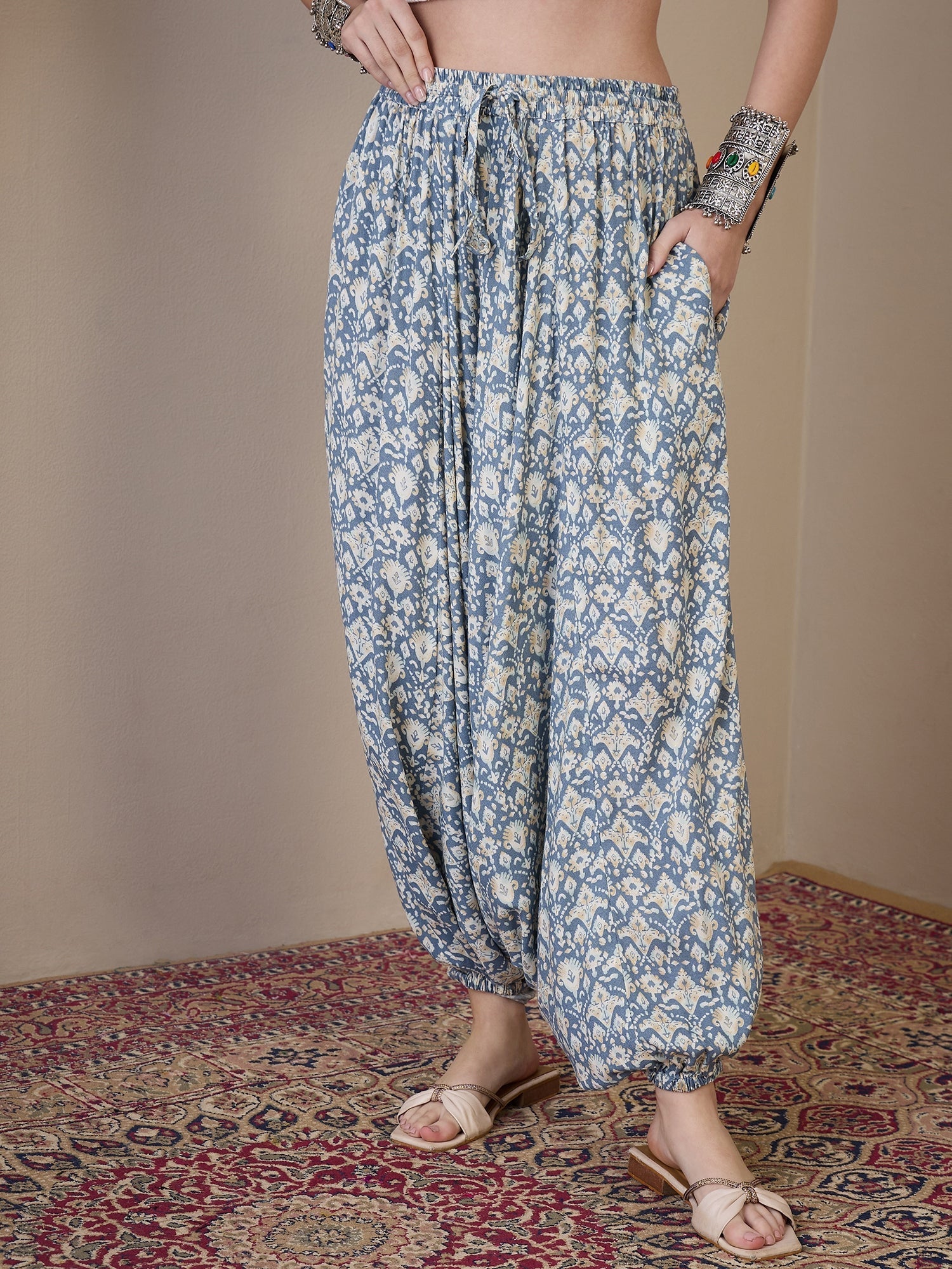 InWeave Powder Blue Ikkat Print Harem Pant - Swadesiicart