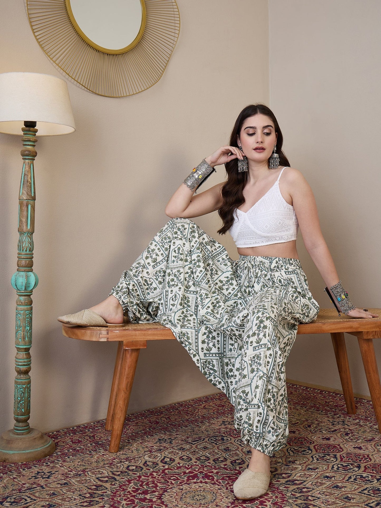 InWeave Sea Green Ethnic Window Harem Pant - Swadesiicart