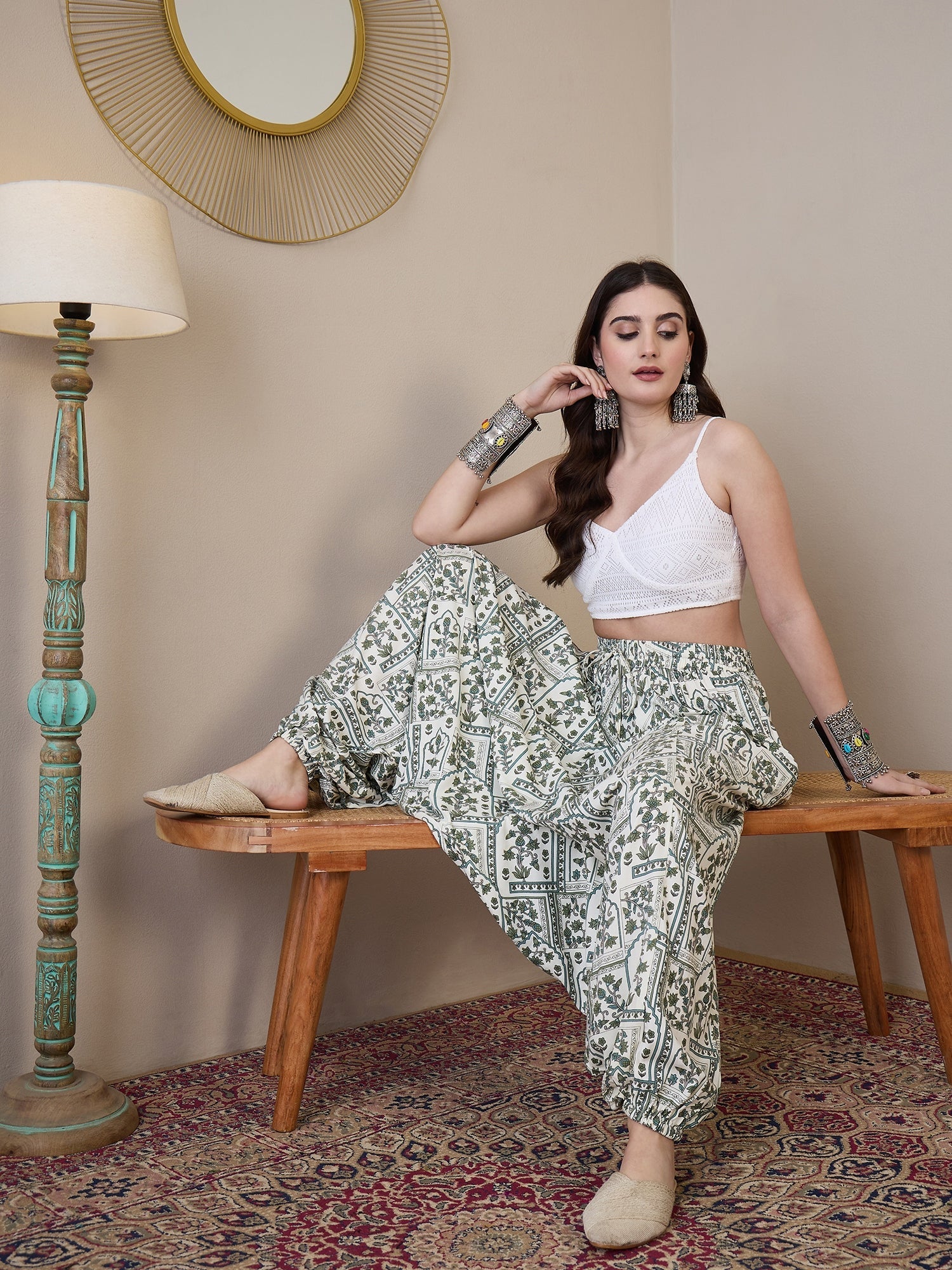 InWeave Sea Green Ethnic Window Harem Pant - Swadesiicart
