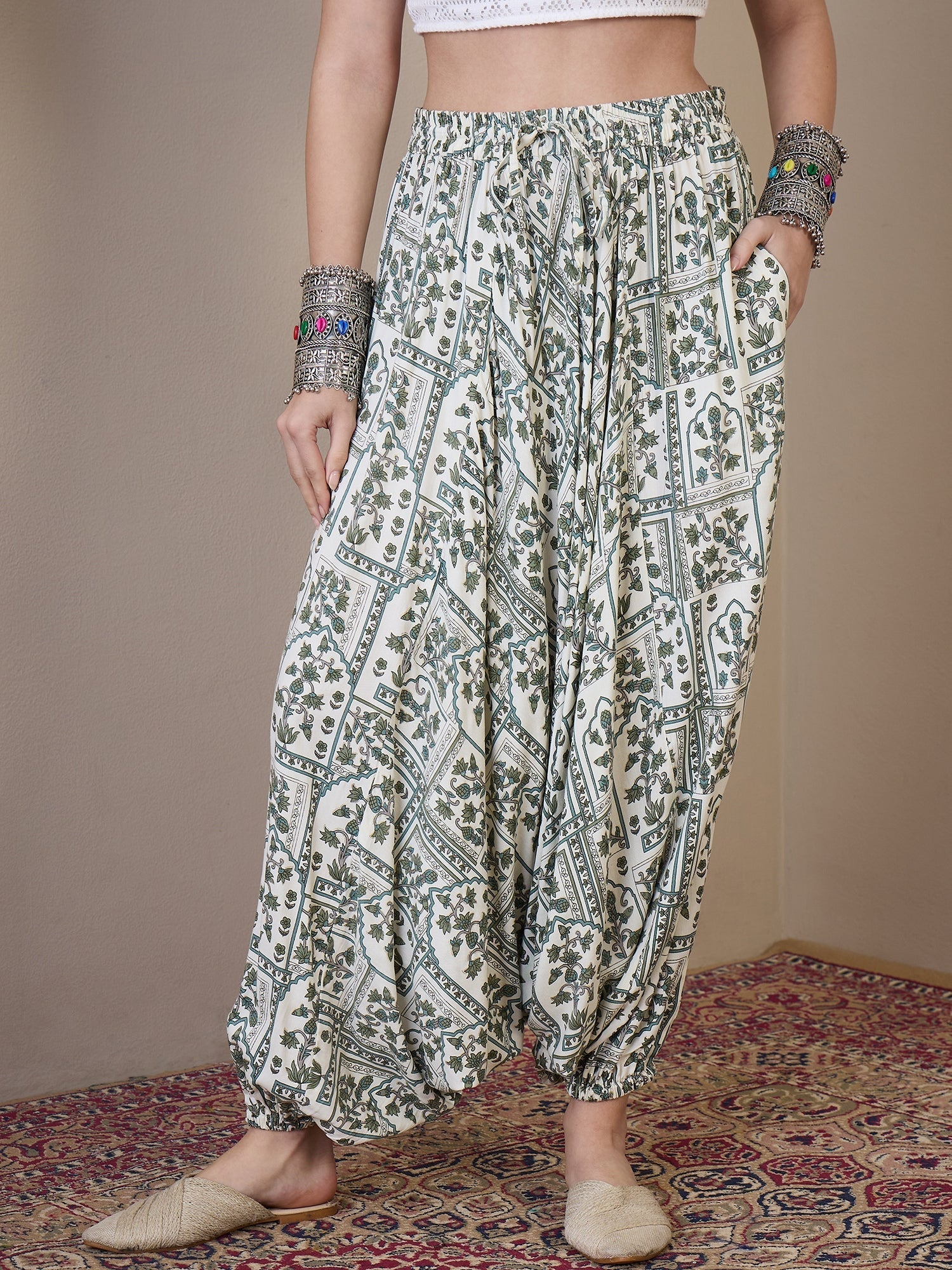 InWeave Sea Green Ethnic Window Harem Pant - Swadesiicart