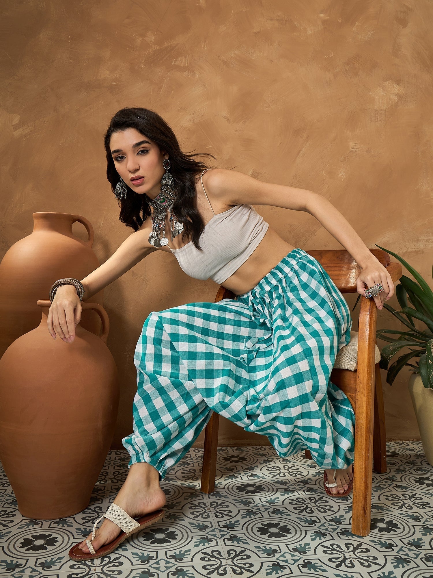 InWeave Light Blue Big Check Cowl Harem - Swadesiicart
