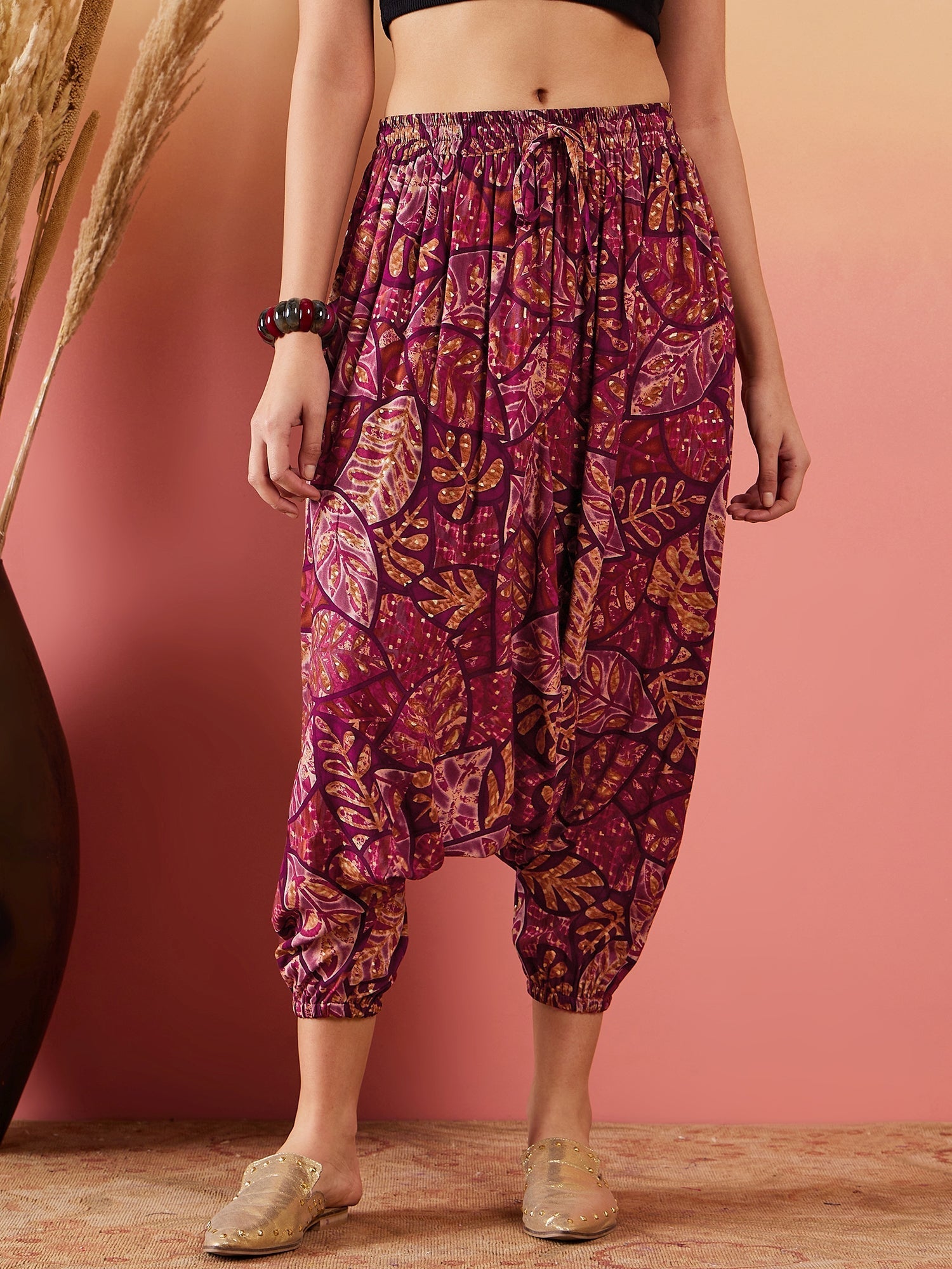 InWeave Wine Maroon Leaf Print Foil Harem Pant - Swadesiicart