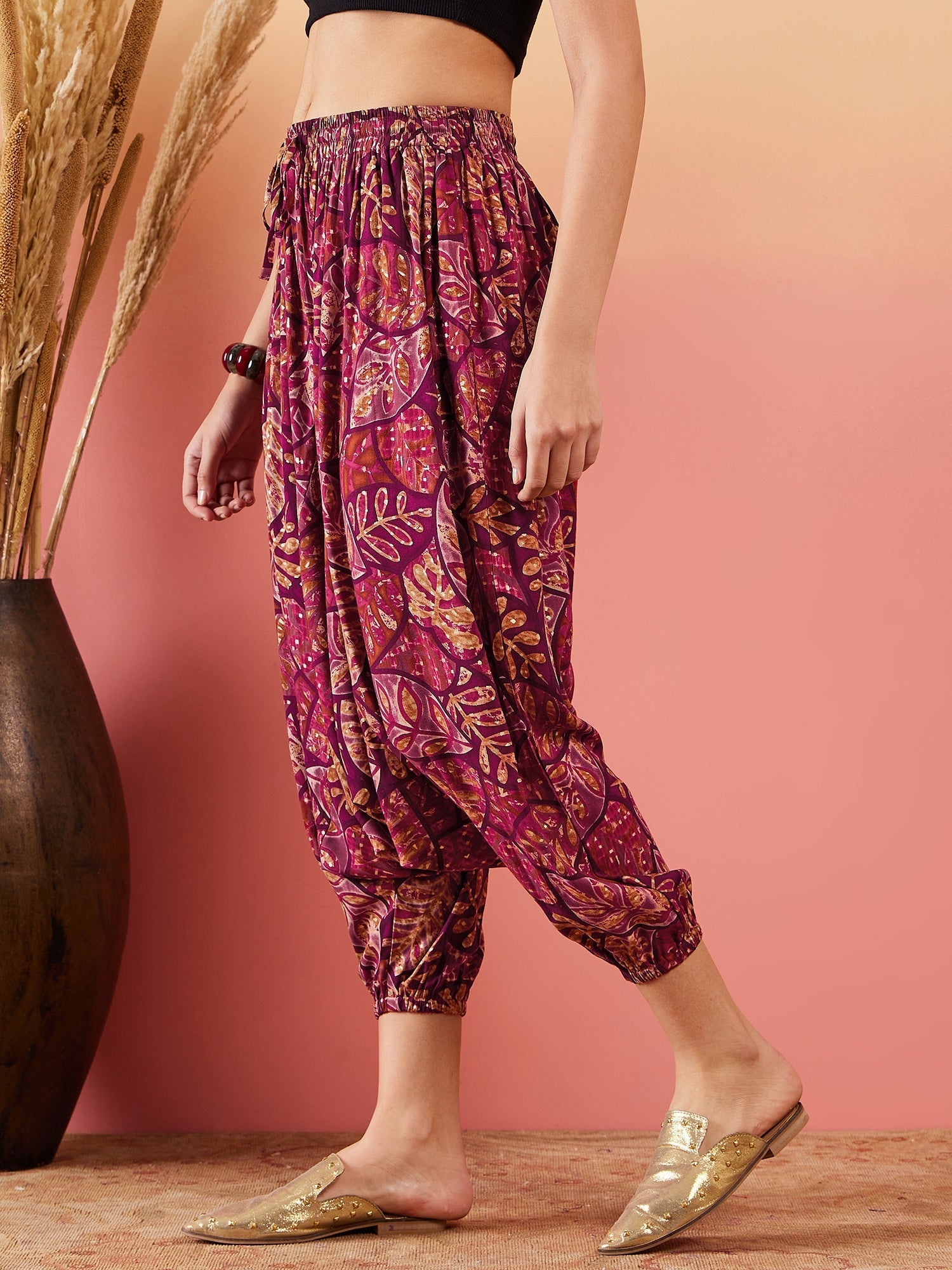 InWeave Wine Maroon Leaf Print Foil Harem Pant - Swadesiicart