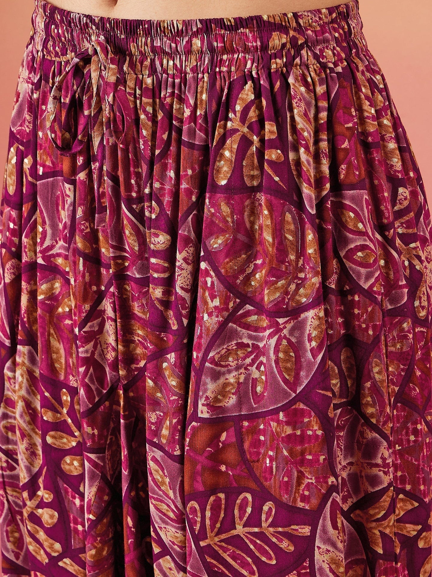 InWeave Wine Maroon Leaf Print Foil Harem Pant - Swadesiicart