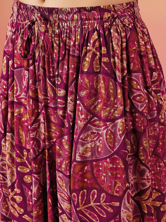 InWeave Wine Maroon Leaf Print Foil Harem Pant - Swadesiicart