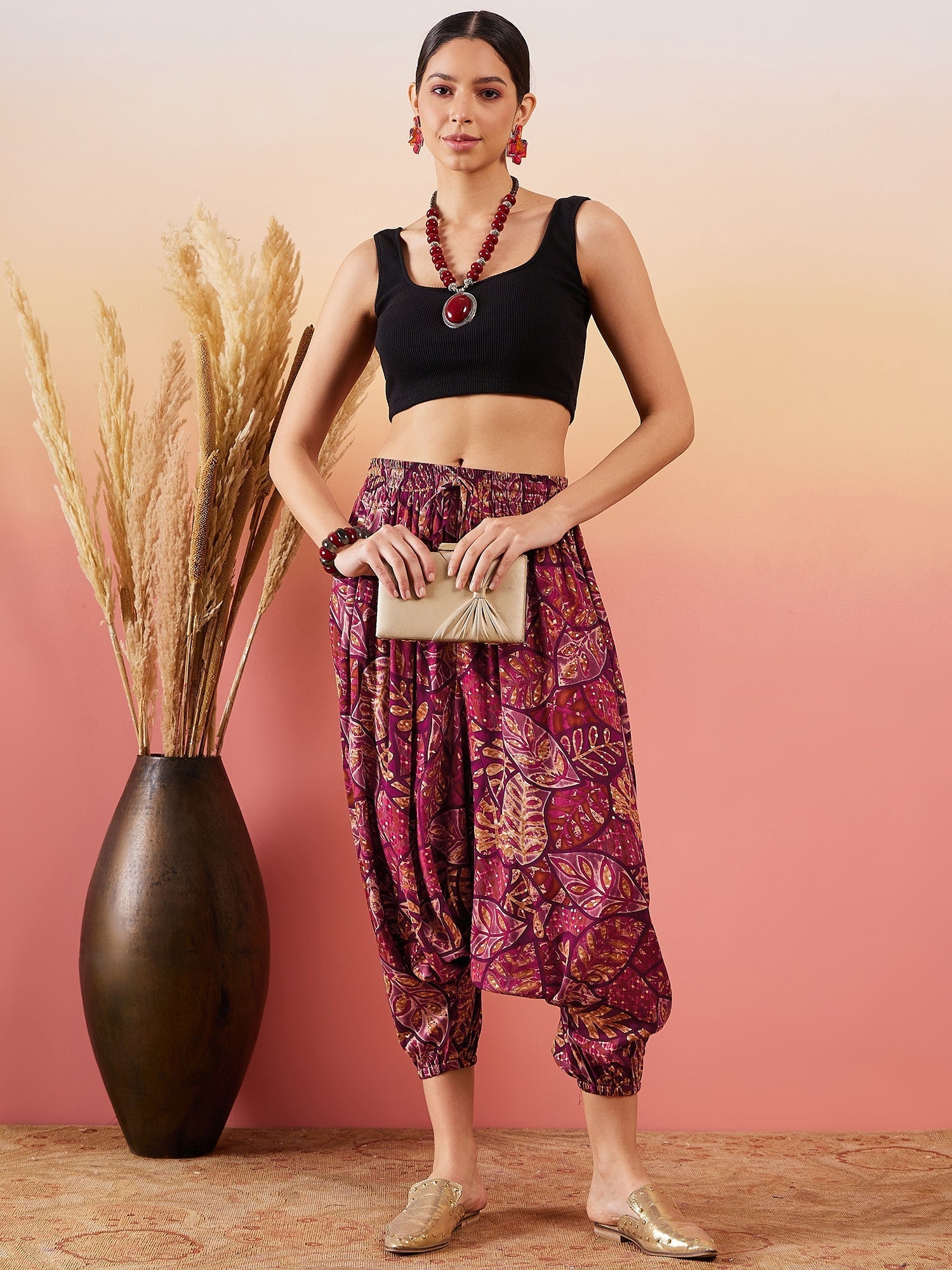 InWeave Wine Maroon Leaf Print Foil Harem Pant - Swadesiicart