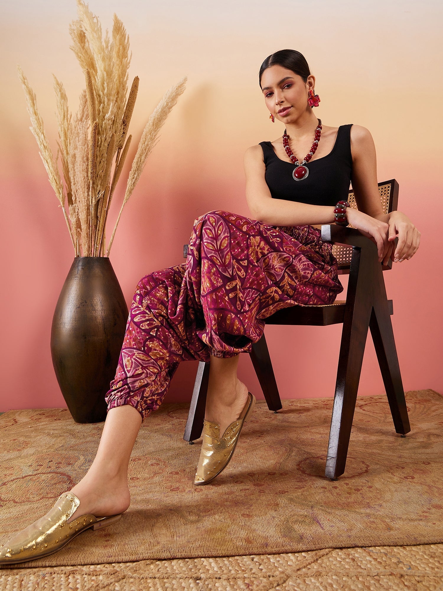 InWeave Wine Maroon Leaf Print Foil Harem Pant - Swadesiicart