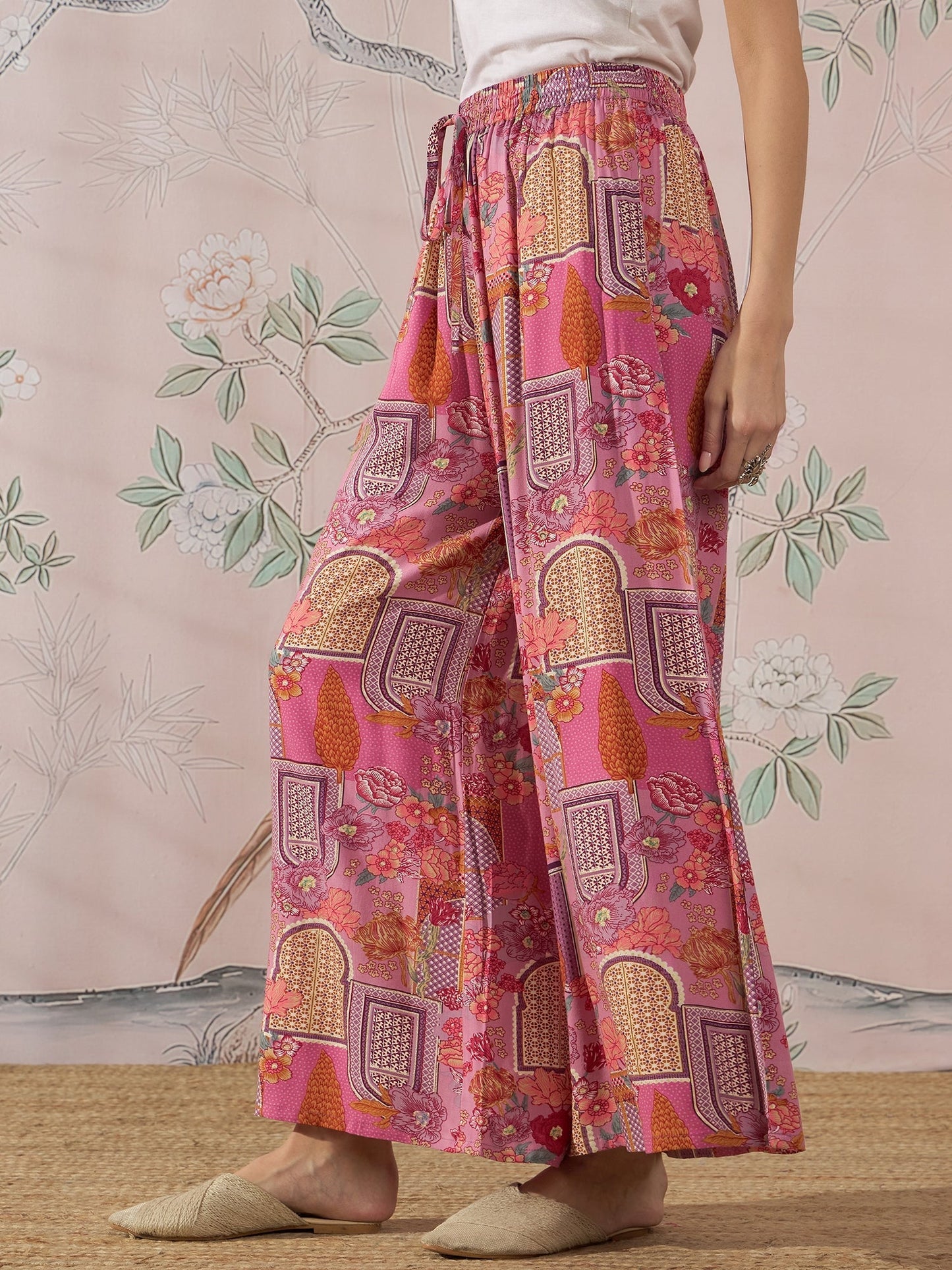 InWeave Dull Pink Window Palazzo - Swadesiicart