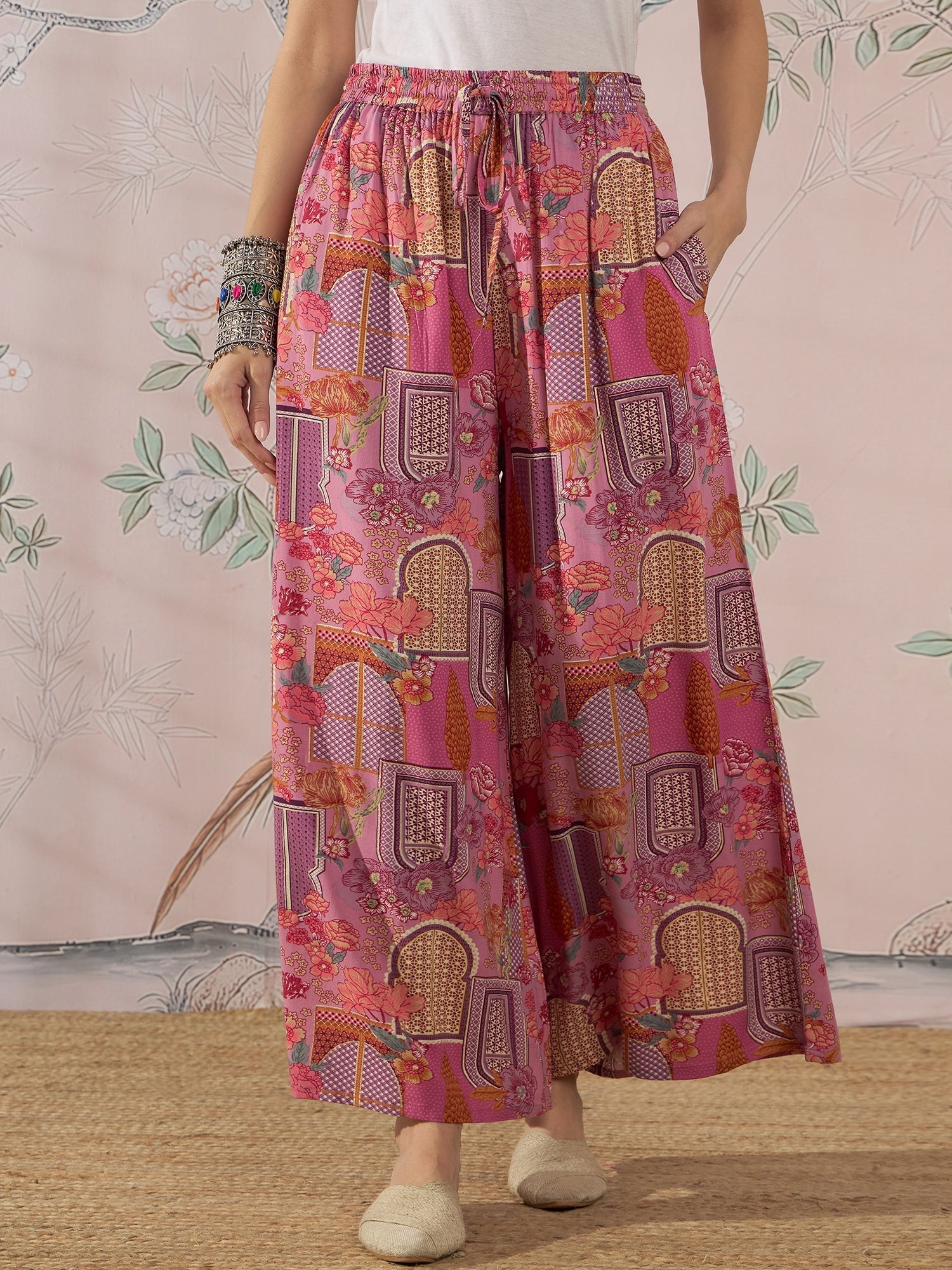 InWeave Dull Pink Window Palazzo - Swadesiicart