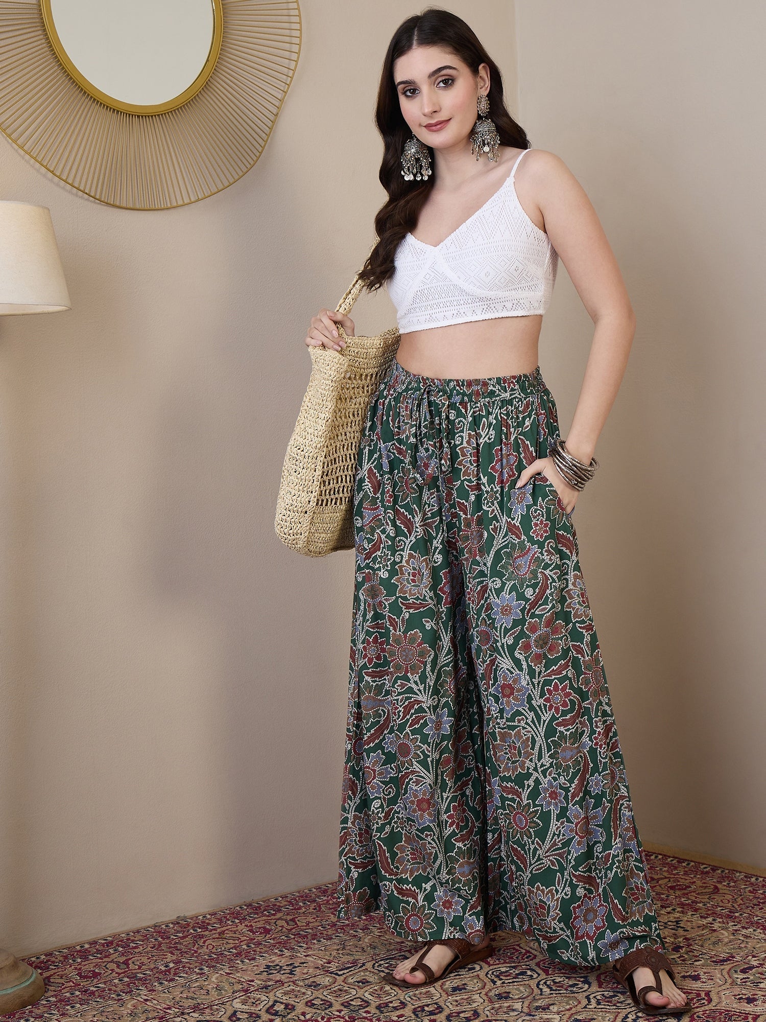 InWeave Green Big Jaal Palazzo - Swadesiicart