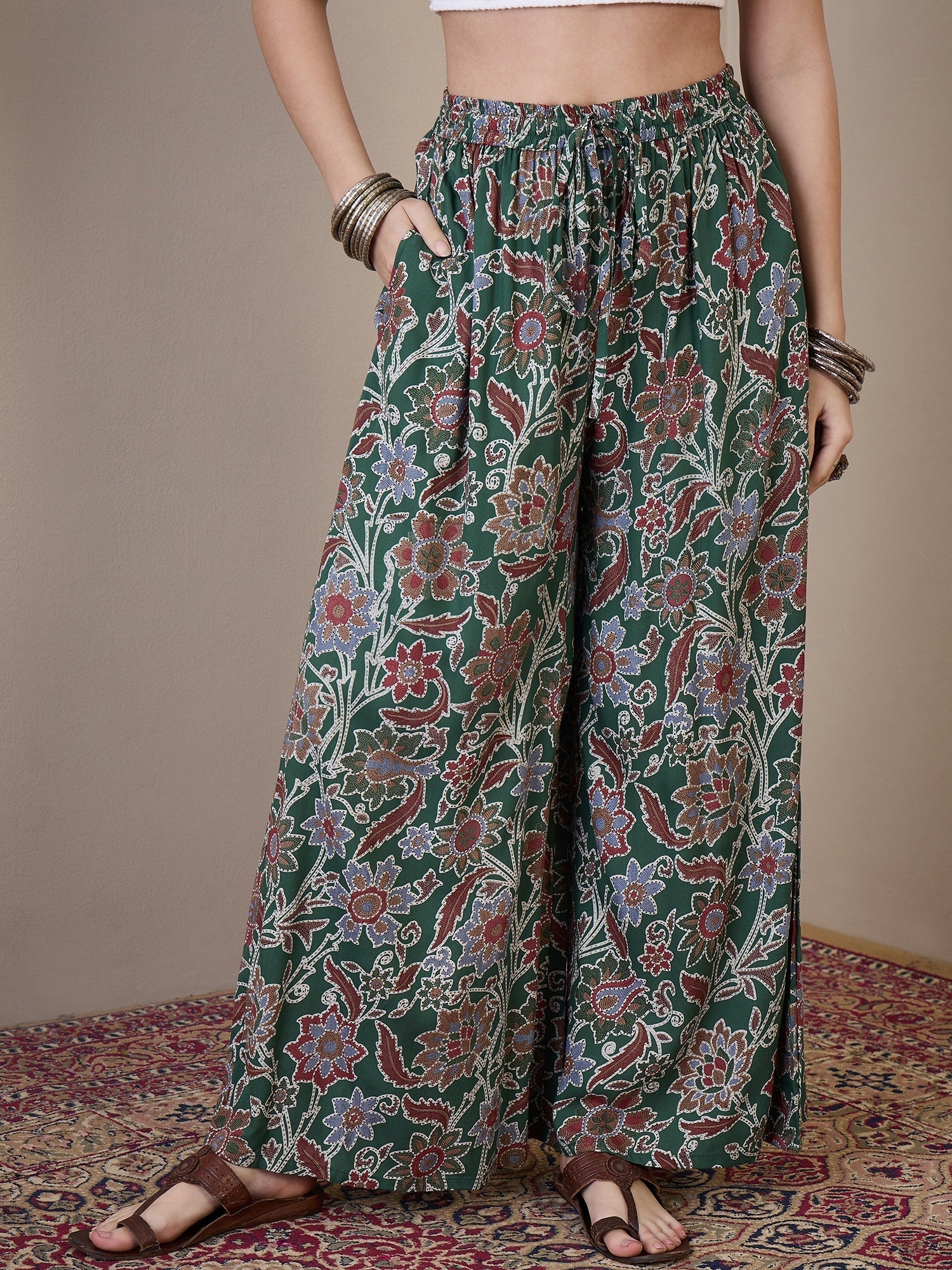 InWeave Green Big Jaal Palazzo - Swadesiicart