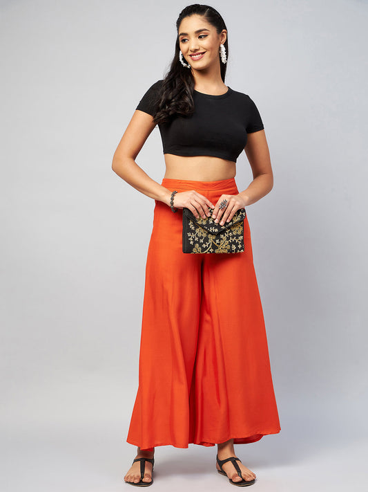 InWeave Solid Orange Palazzo - Swadesiicart