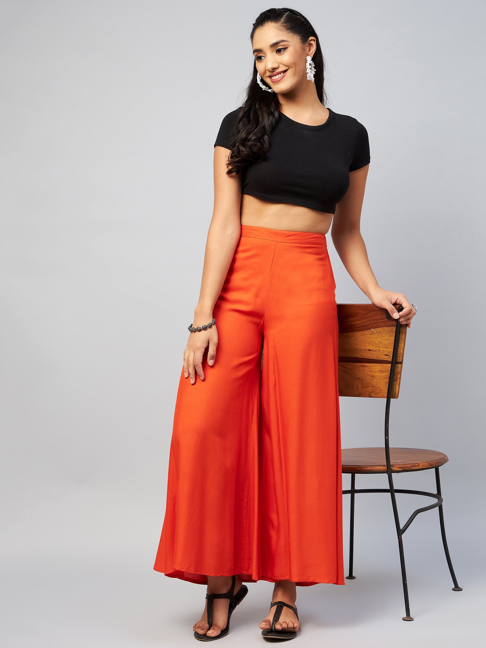 InWeave Solid Orange Palazzo - Swadesiicart