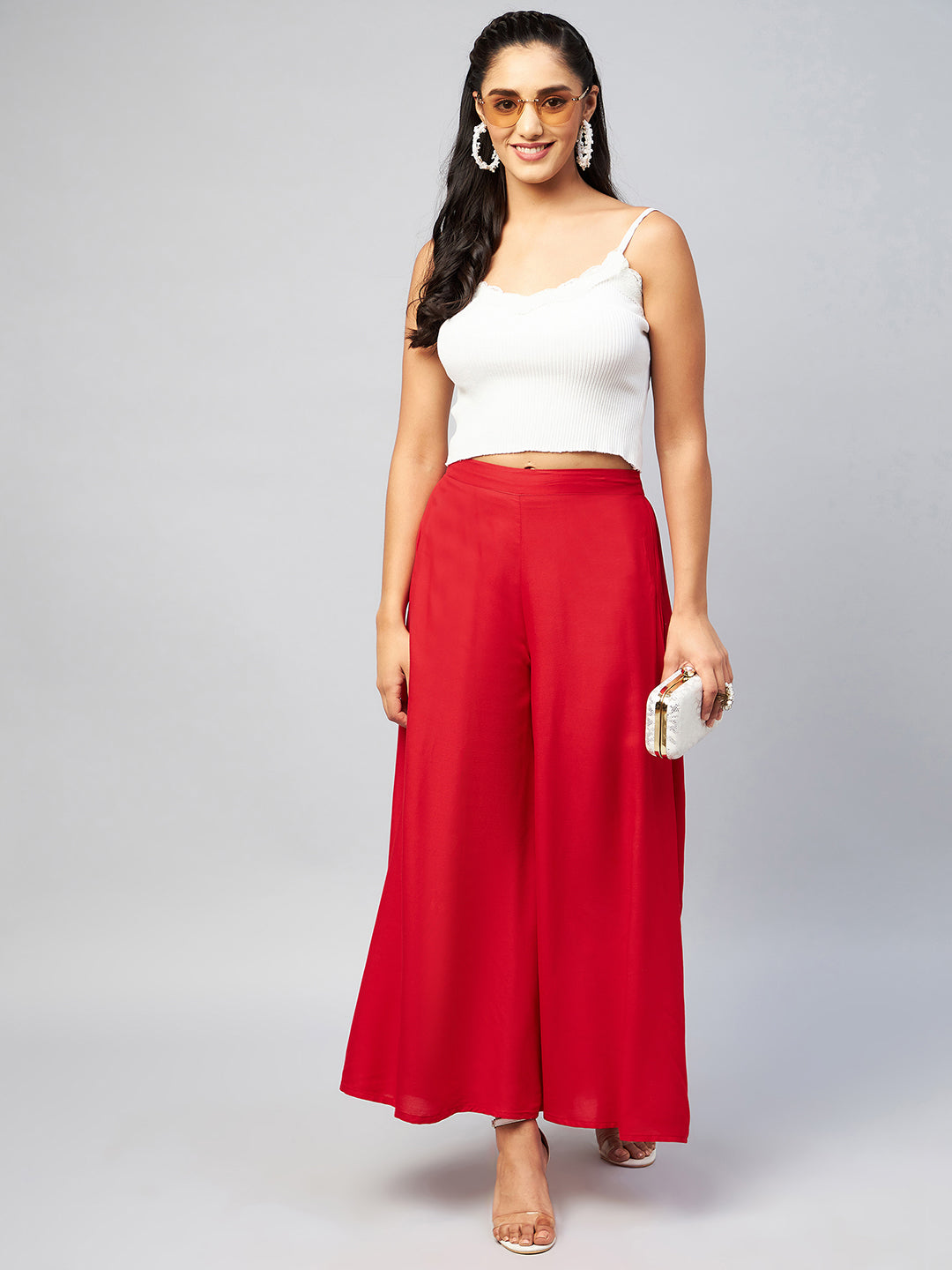 InWeave Solid Red Palazzo - Swadesiicart