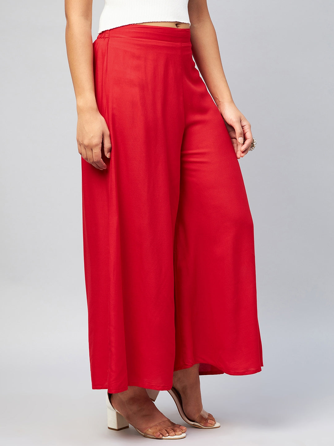 InWeave Solid Red Palazzo - Swadesiicart