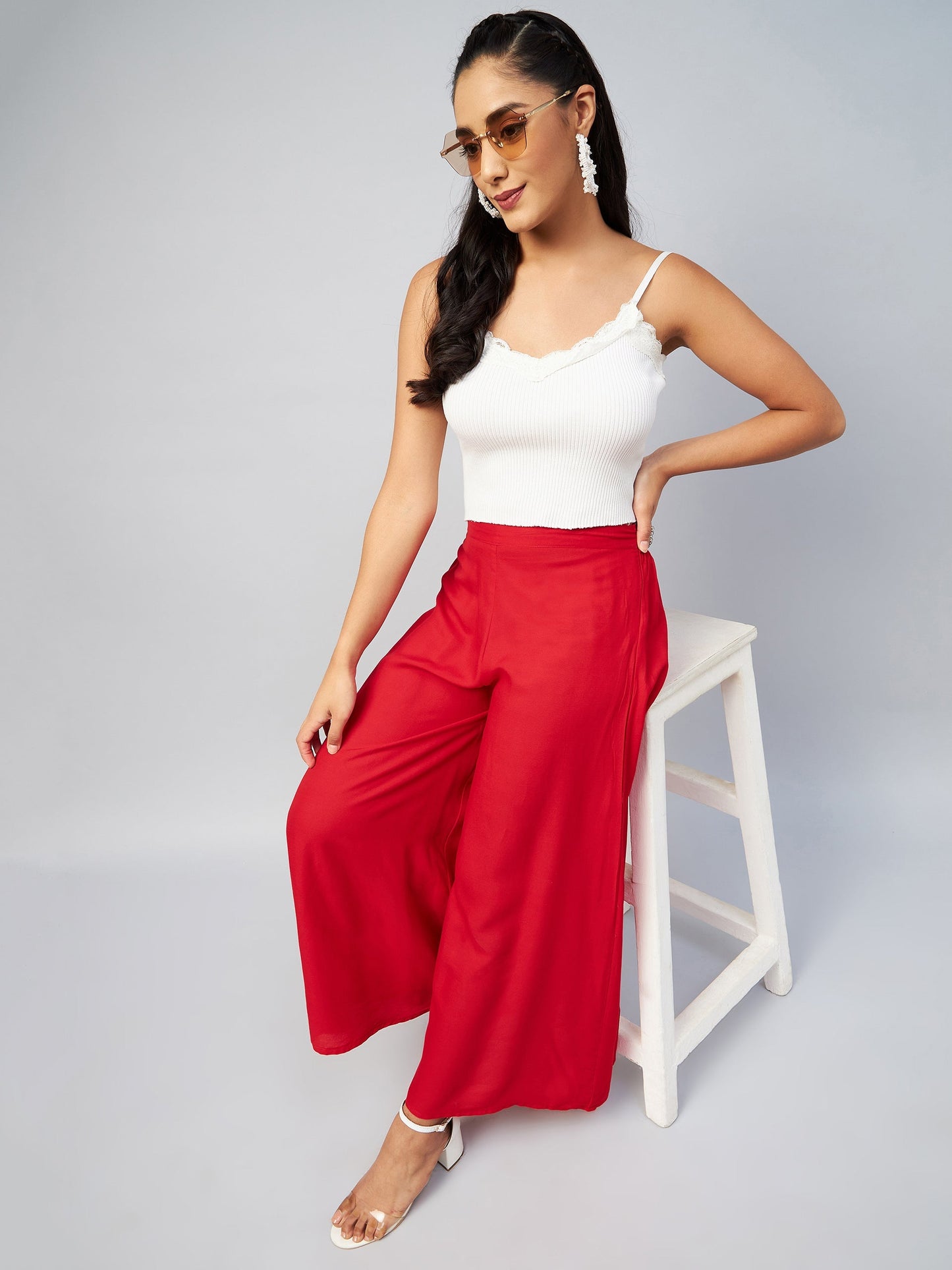InWeave Solid Red Palazzo - Swadesiicart