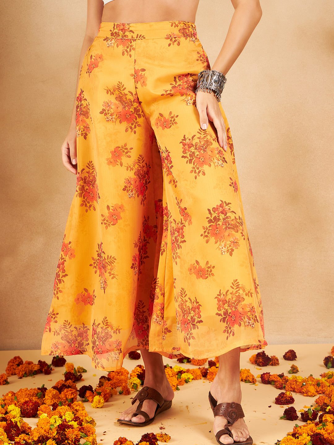 InWeave Mustard Rose Printed Organza Palazzo - Swadesiicart