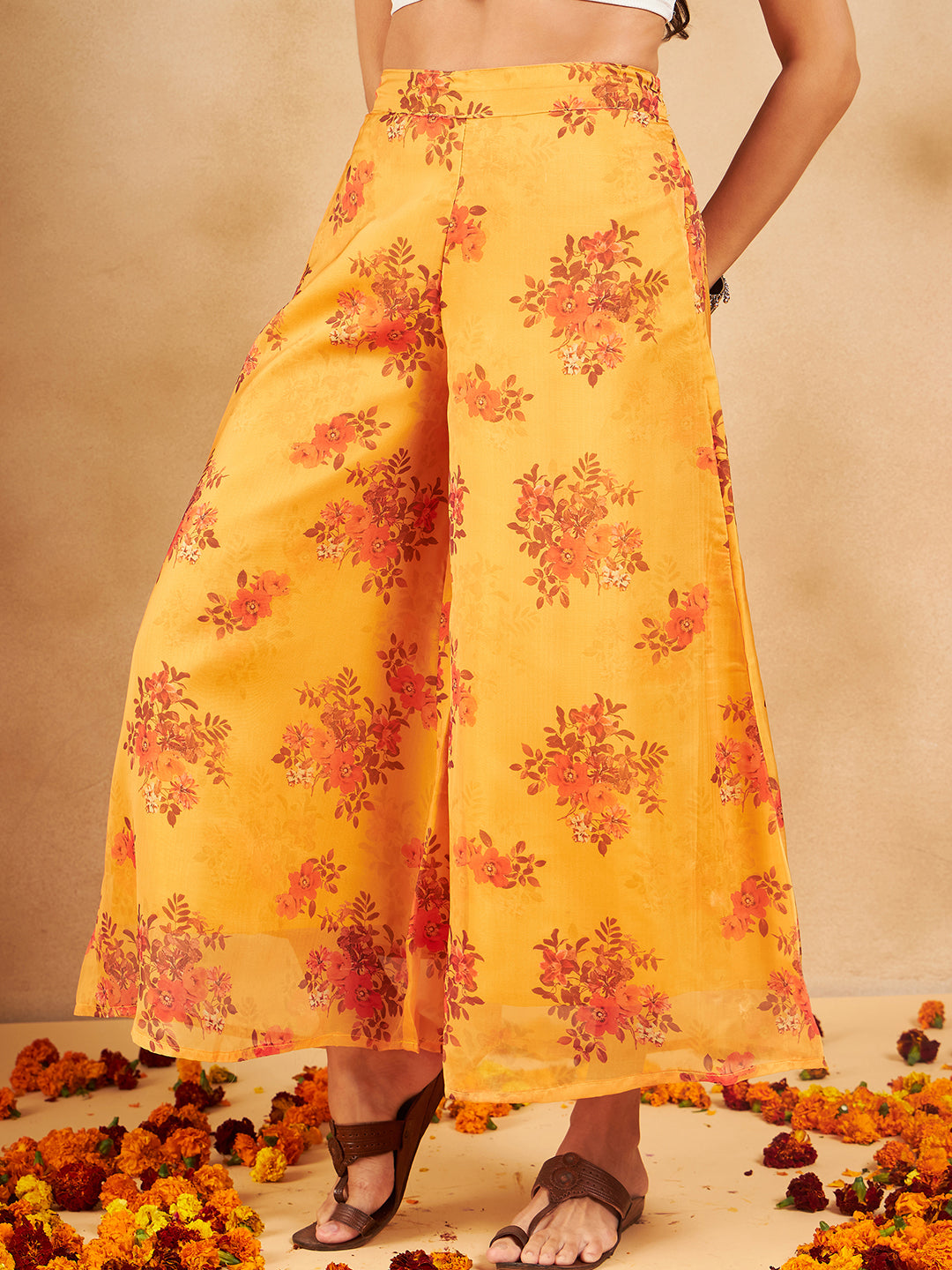 InWeave Mustard Rose Printed Organza Palazzo - Swadesiicart
