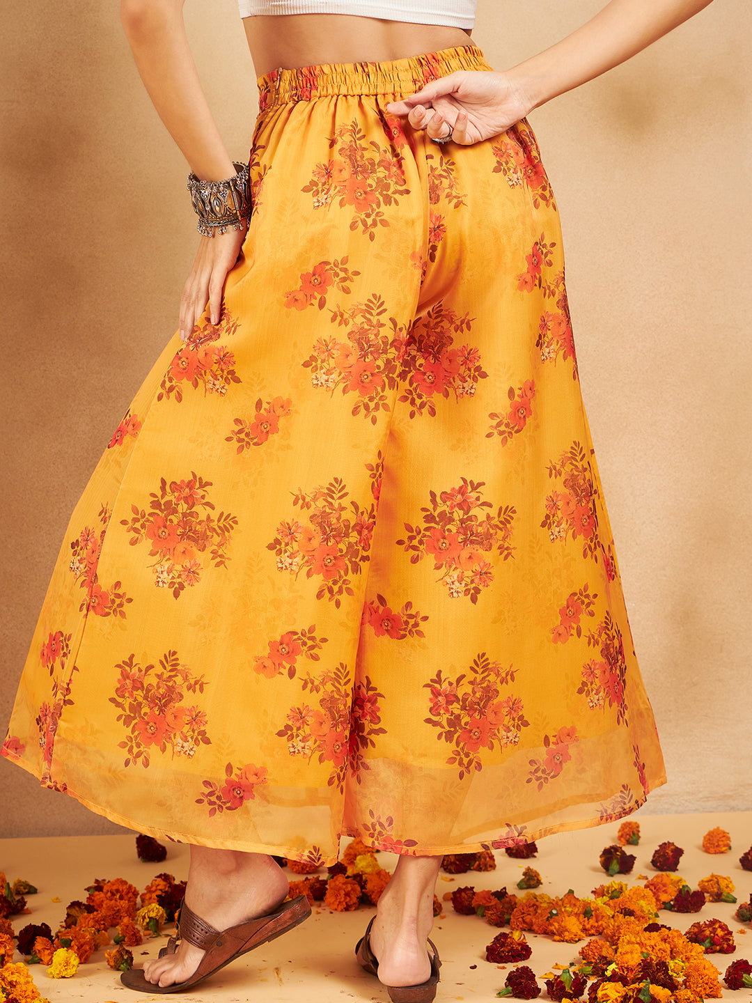InWeave Mustard Rose Printed Organza Palazzo - Swadesiicart
