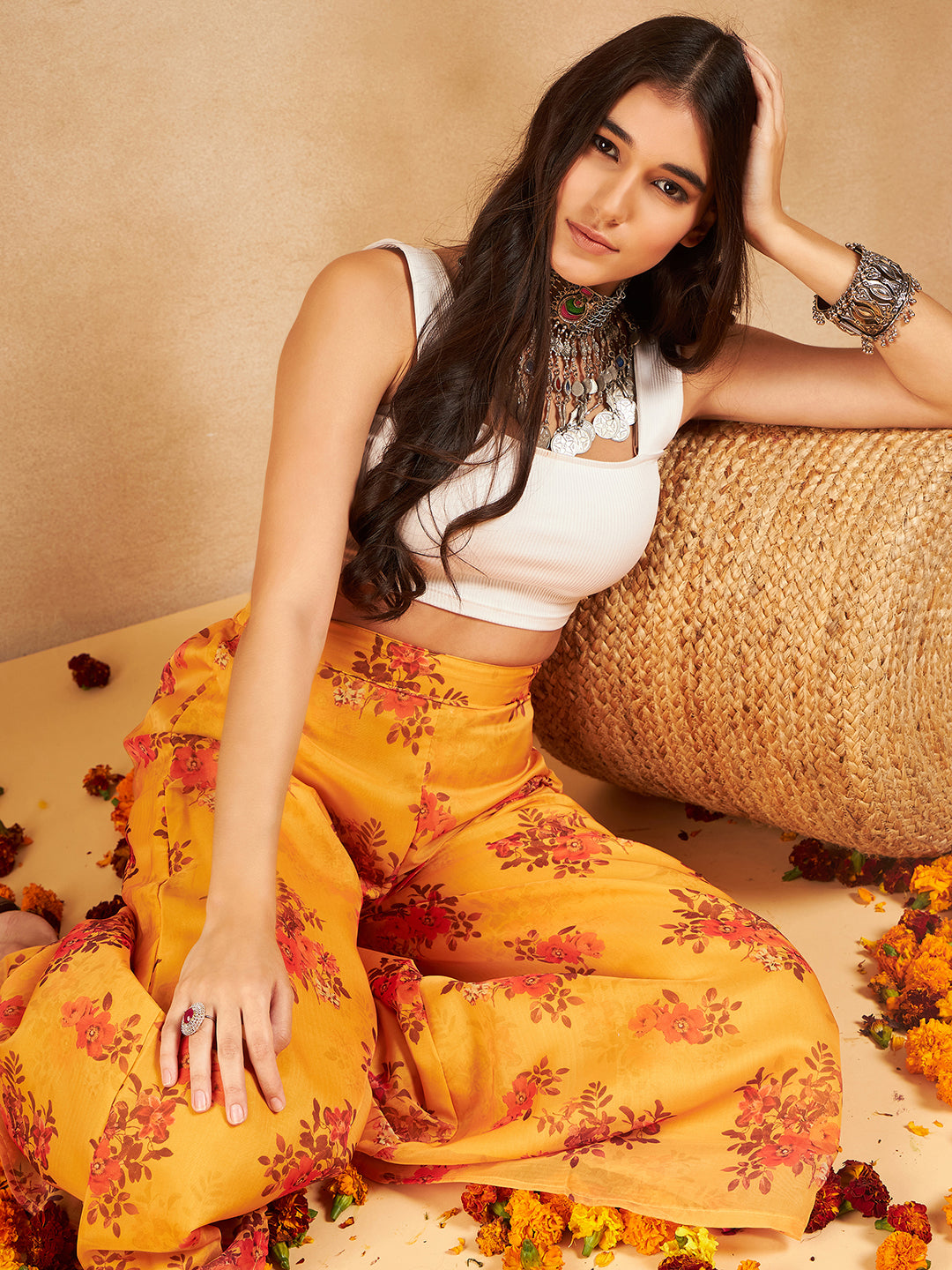 InWeave Mustard Rose Printed Organza Palazzo - Swadesiicart