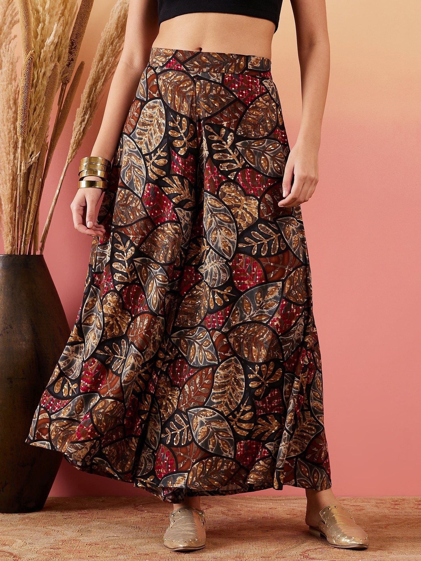 InWeave Black Grey Leaf Print Foil Palazzo - Swadesiicart