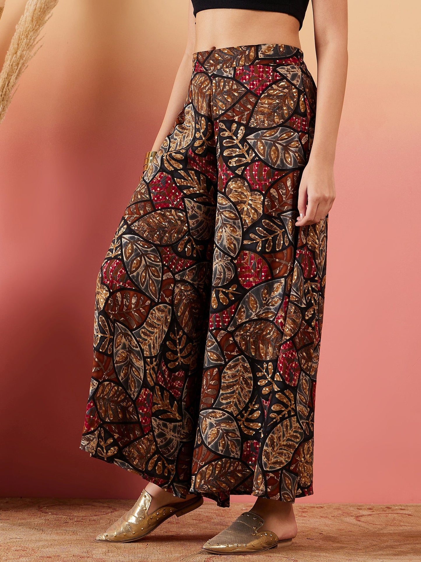 InWeave Black Grey Leaf Print Foil Palazzo - Swadesiicart