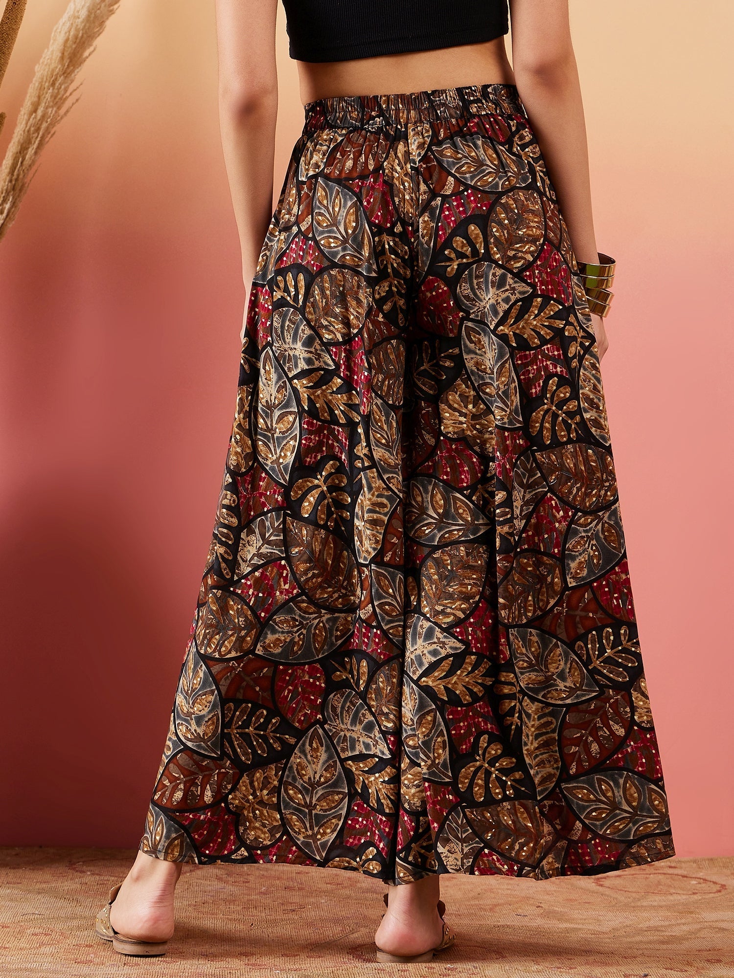 InWeave Black Grey Leaf Print Foil Palazzo - Swadesiicart