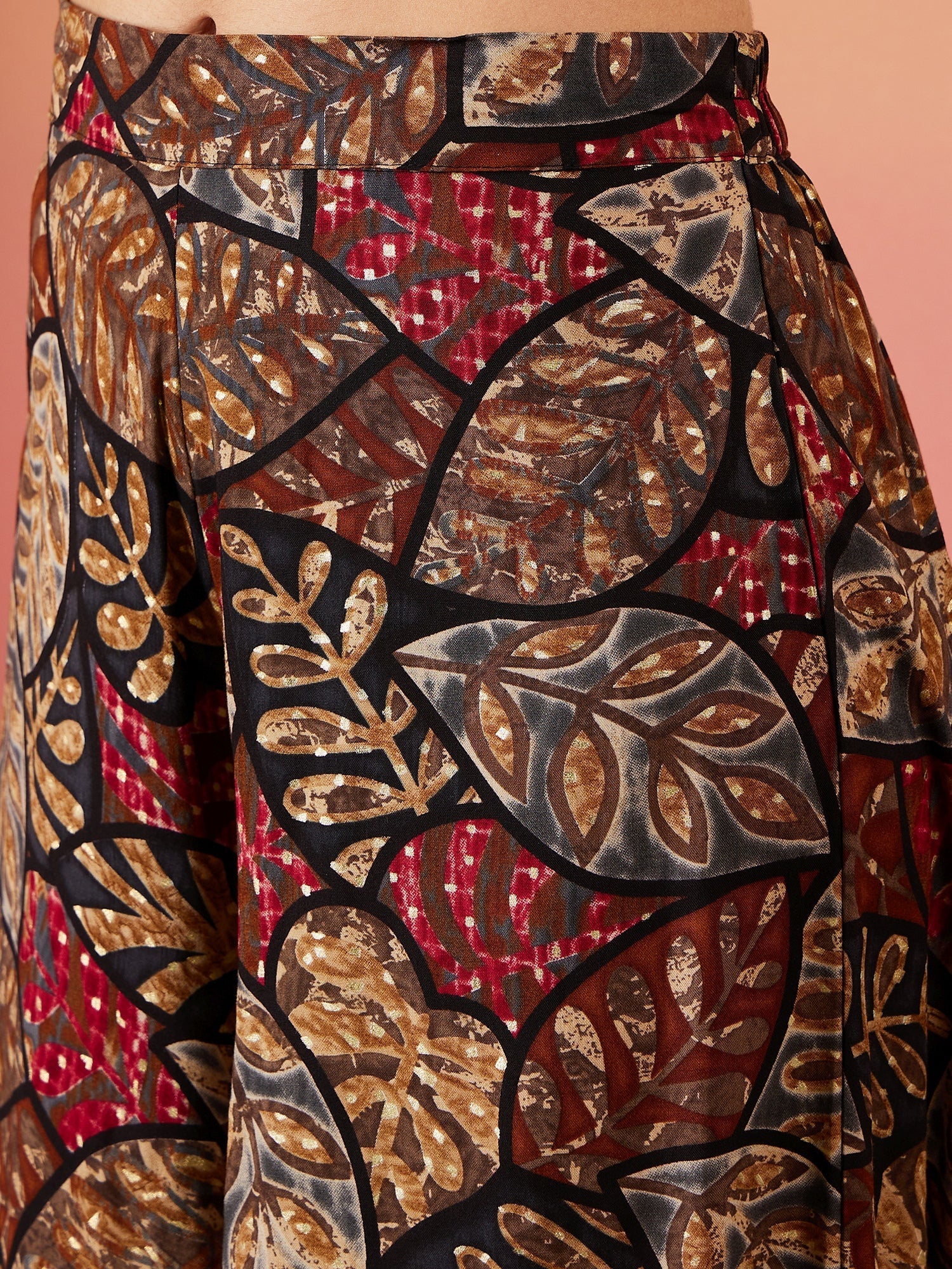InWeave Black Grey Leaf Print Foil Palazzo - Swadesiicart