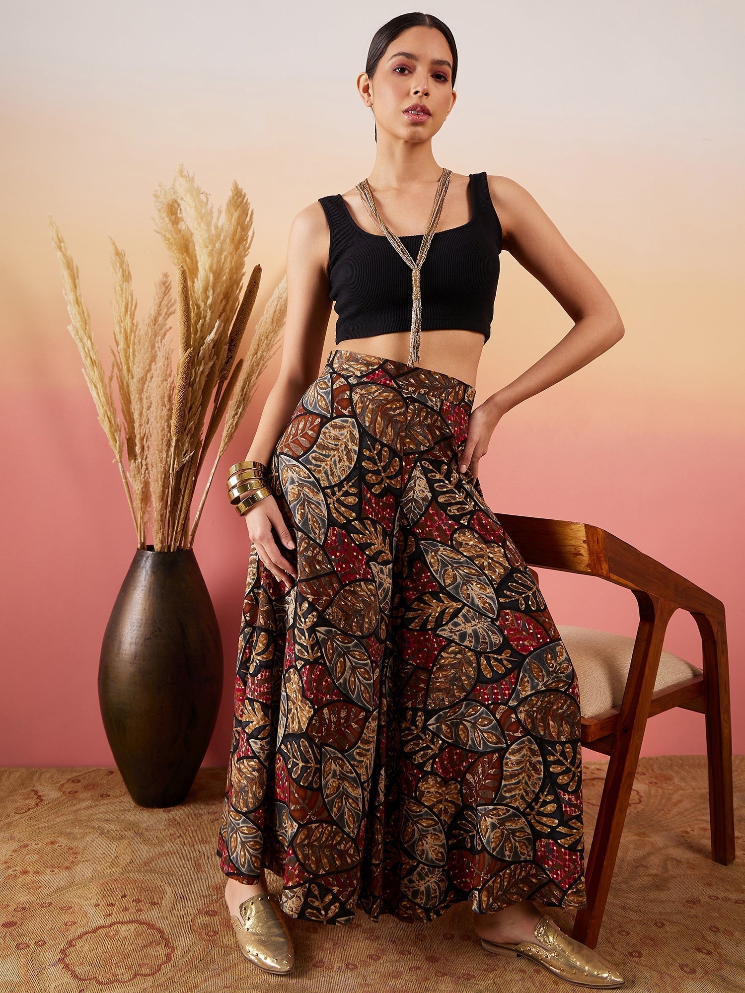 InWeave Black Grey Leaf Print Foil Palazzo - Swadesiicart