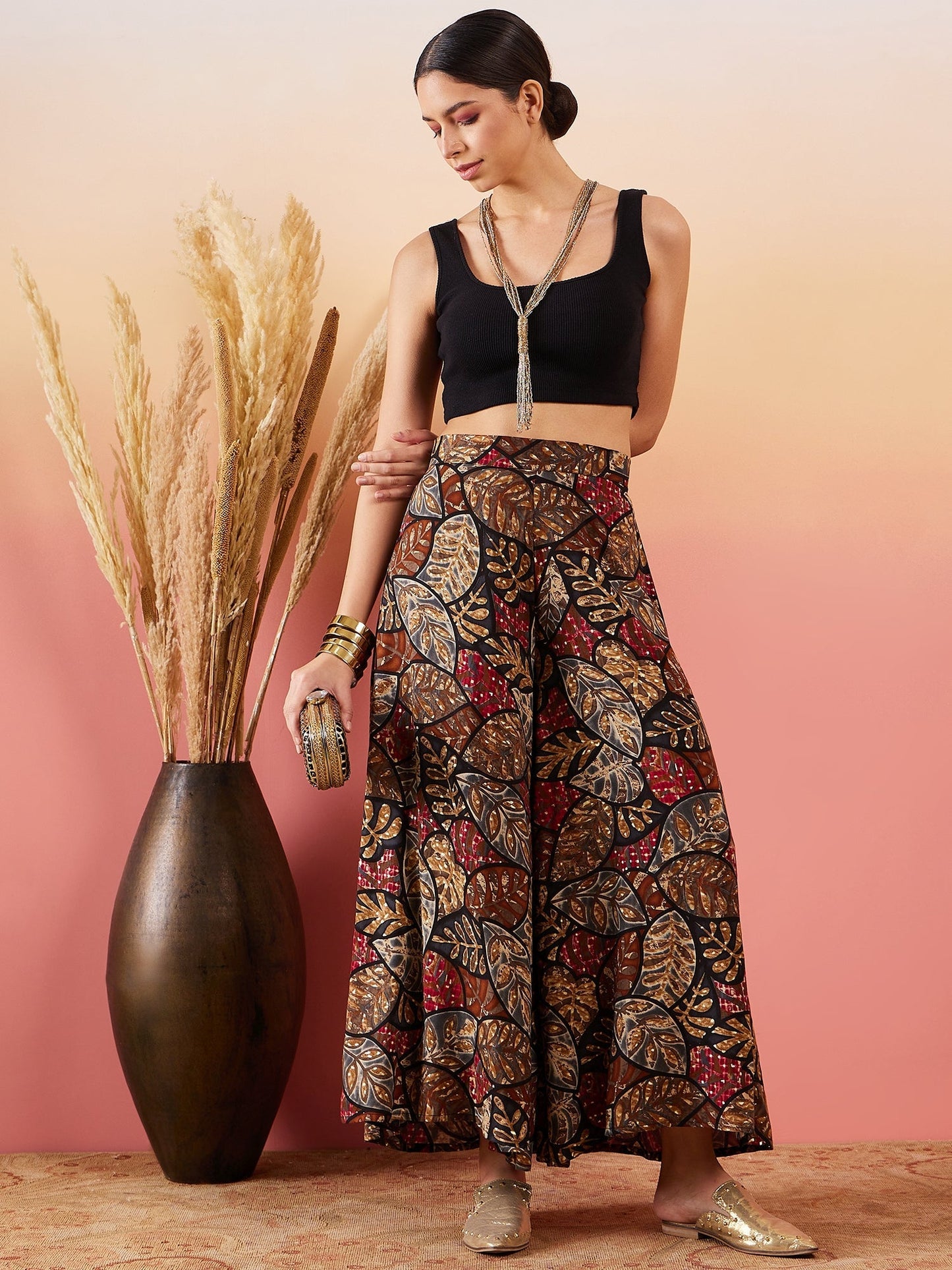 InWeave Black Grey Leaf Print Foil Palazzo - Swadesiicart