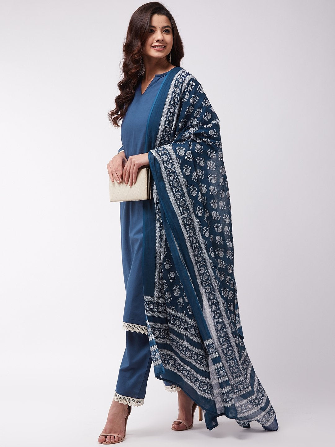 InWeave Blue Floral Cotton Dupattas - Swadesiicart