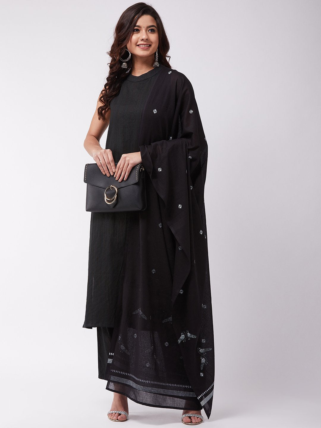 InWeave Black Bird Print Cotton Dupattas - Swadesiicart
