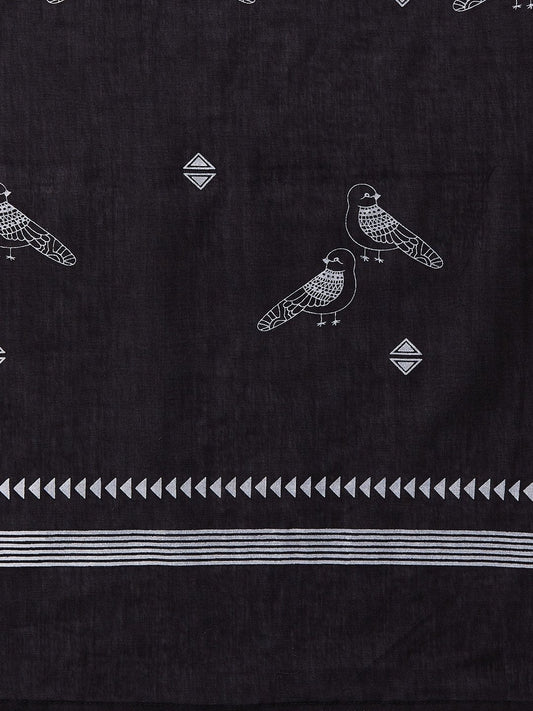 InWeave Black Bird Print Cotton Dupattas - Swadesiicart