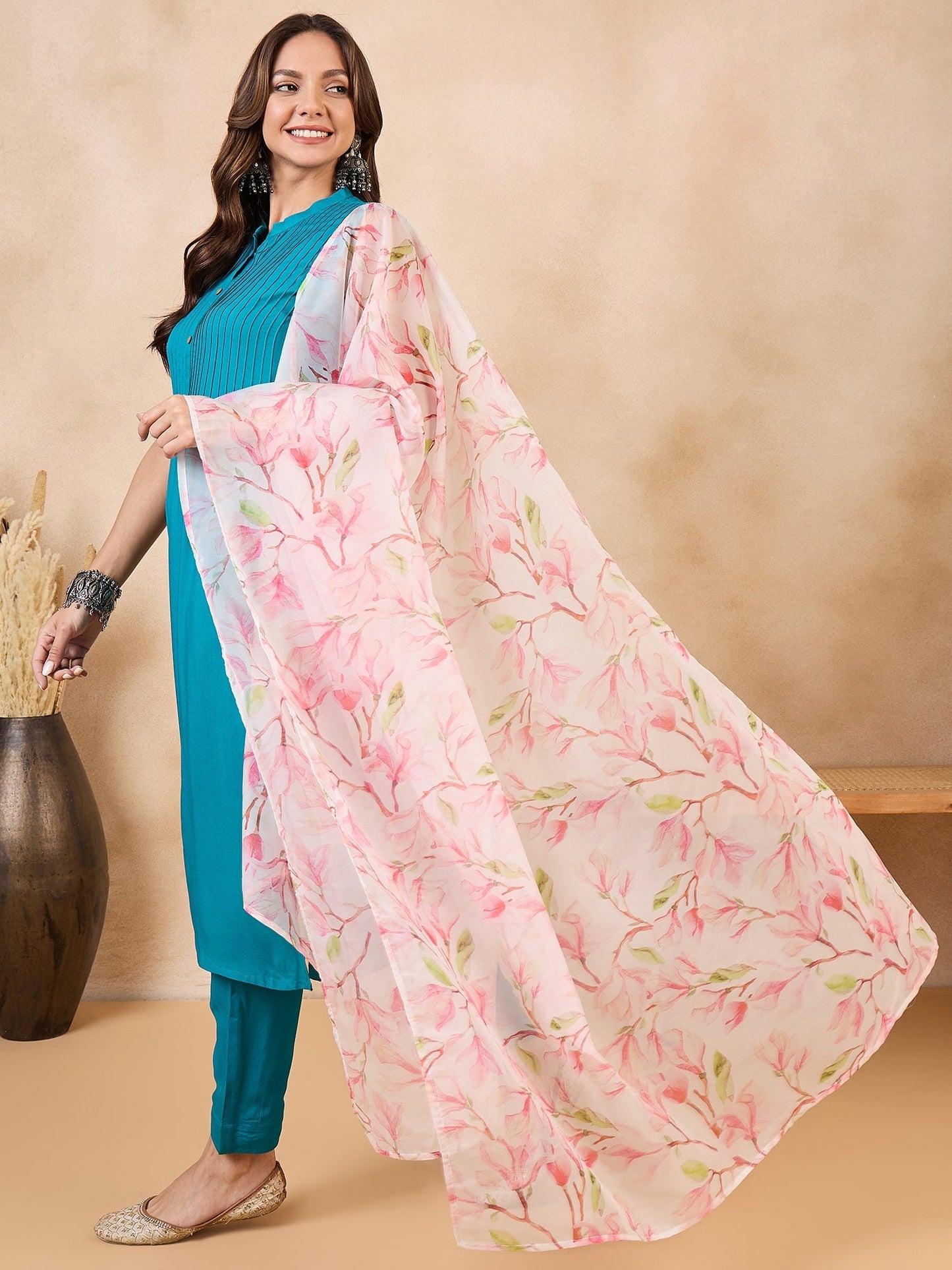 InWeave White Peach Floral Print Organza Dupatta - Swadesiicart