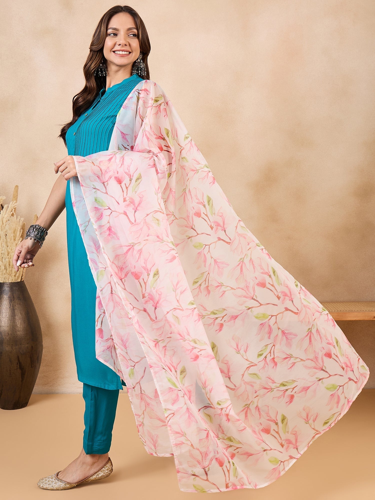 InWeave White Peach Floral Print Organza Dupatta - Swadesiicart