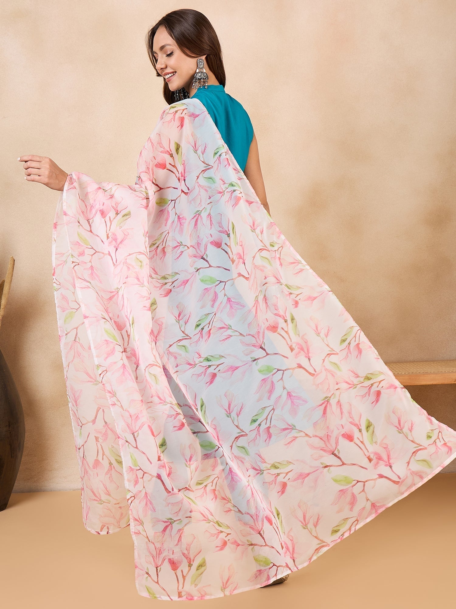 InWeave White Peach Floral Print Organza Dupatta - Swadesiicart
