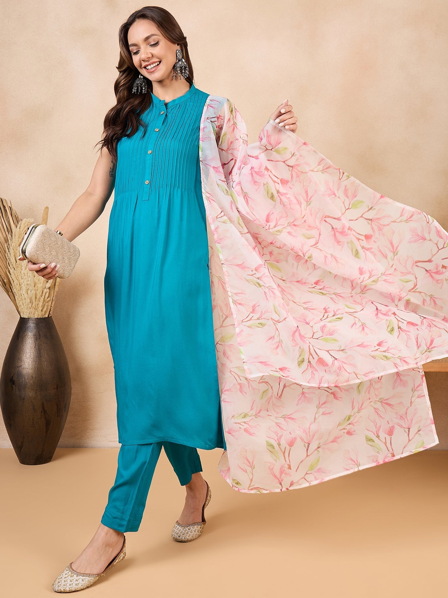 InWeave White Peach Floral Print Organza Dupatta - Swadesiicart