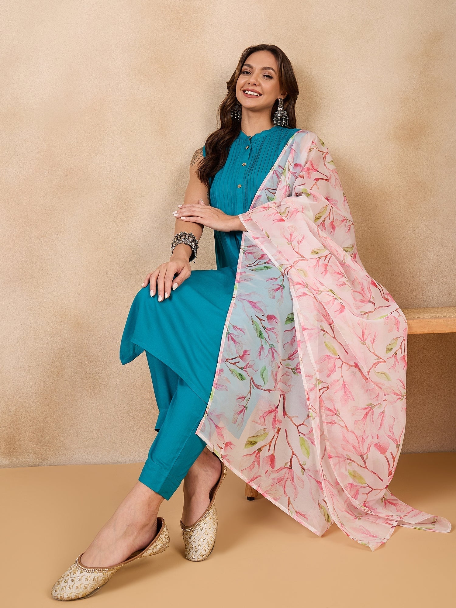 InWeave White Peach Floral Print Organza Dupatta - Swadesiicart