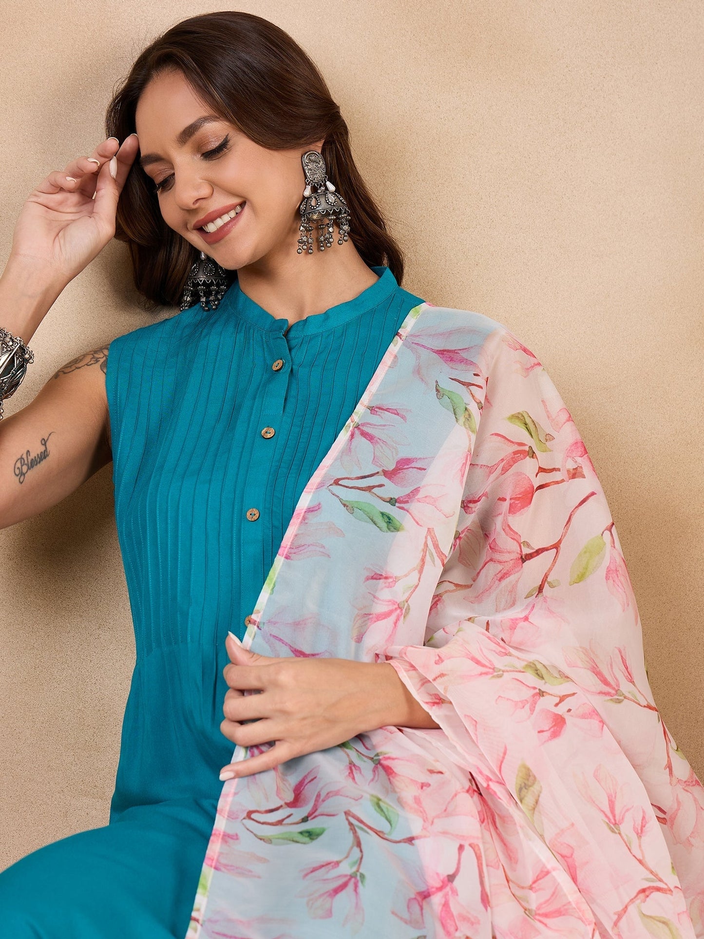 InWeave White Peach Floral Print Organza Dupatta - Swadesiicart