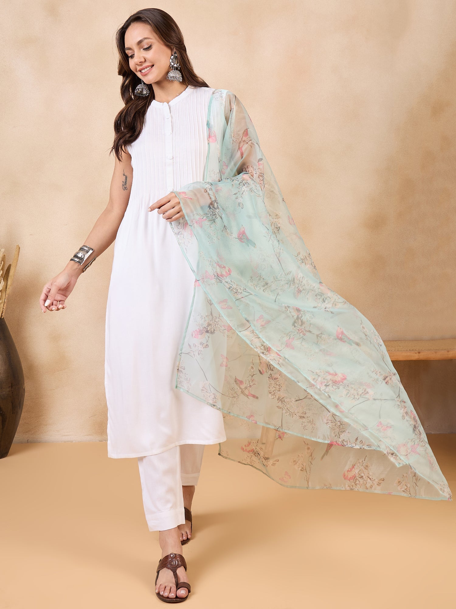 InWeave Teal Bird Print Organza Dupatta - Swadesiicart