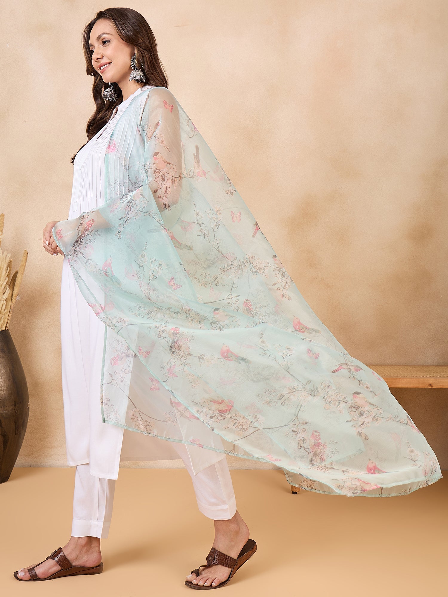 InWeave Teal Bird Print Organza Dupatta - Swadesiicart