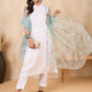InWeave Teal Bird Print Organza Dupatta - Swadesiicart